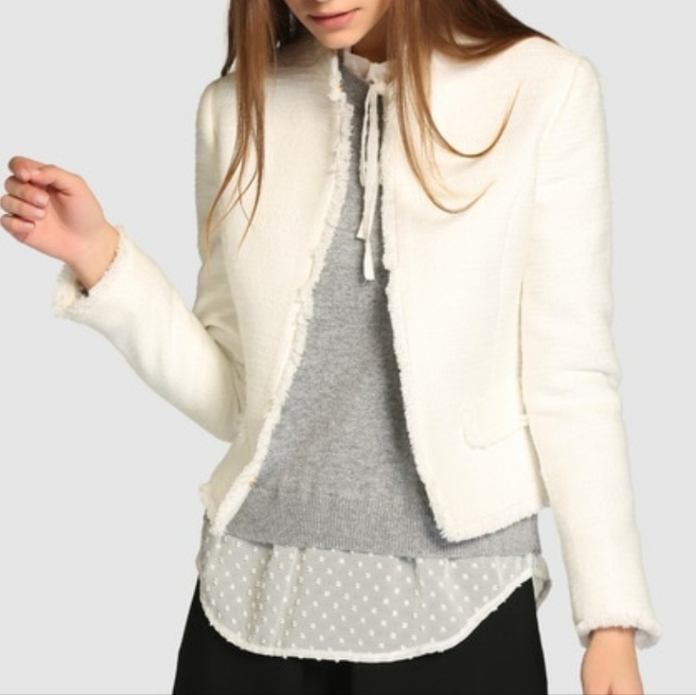 Moda International Sz M Lettuce Sheer Trim lined Patch pockets jacket Blazer